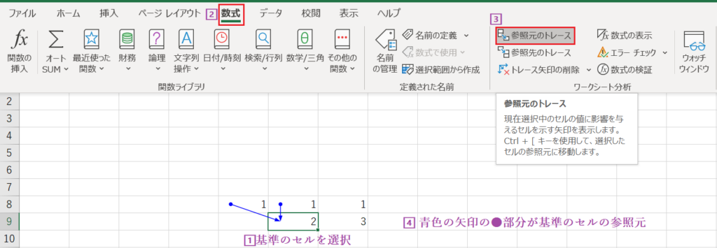 基準セルF9の参照元を確認した画面。E8とF8のセルからF9に向かって青い矢印が伸び、計算の根拠となるセルが視覚的に示されている。