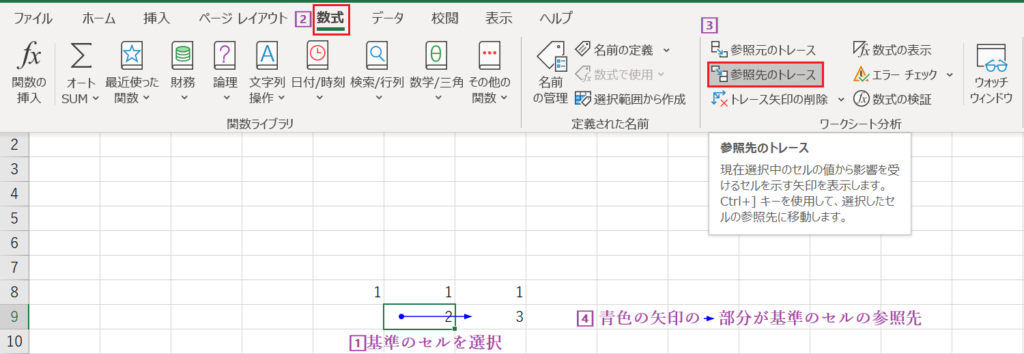 基準セルF9に対して参照先のトレースを行い、G9のセルに青い矢印が伸びている画面。F9の値がG9で使用されていることが視覚的に示されている。