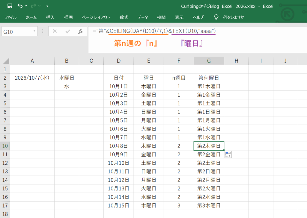 DAY・CEILING・TEXT関数で第何週の何曜日かを表示 ExcelのDAY関数とCEILING関数、TEXT関数を組み合わせて第何週の何曜日かを表示